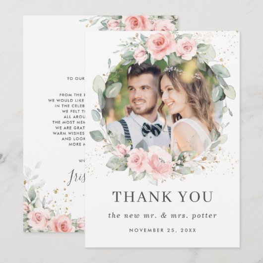 Chique zacht gekleurd blush roze bloemengroen foto bedankkaart (Voorkant / Achterkant)