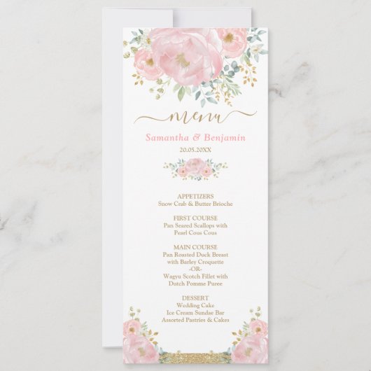 Chique zacht roze Waterverf bloemenbruiloft menu K Kaart (Voorkant)