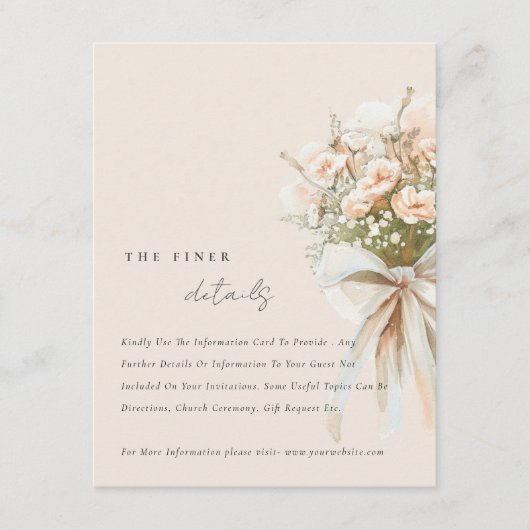 Chique zachte blush bloemenboeket bruiloft details informatiekaartje (Voorkant)