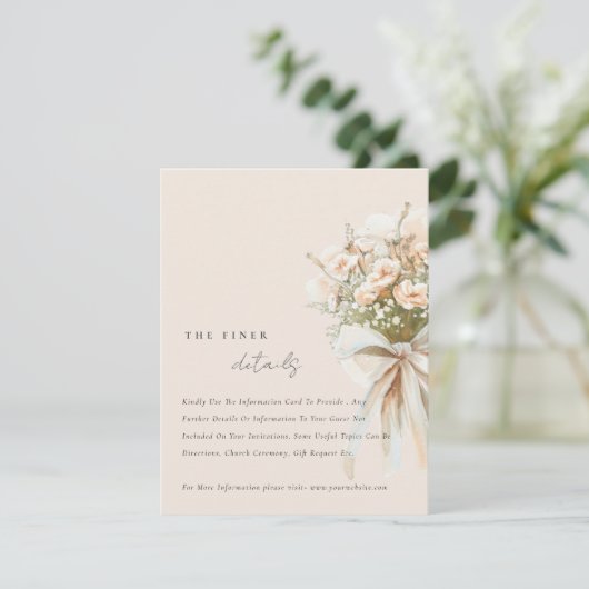 Chique zachte blush bloemenboeket bruiloft details informatiekaartje (Staand voorkant)