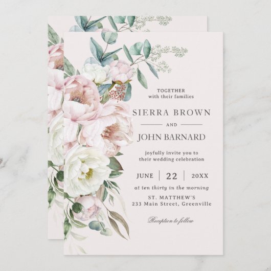 Chique Zachte Blush Roze Ivoor Pioenen Bloemen Bru Kaart (Voorkant / Achterkant)