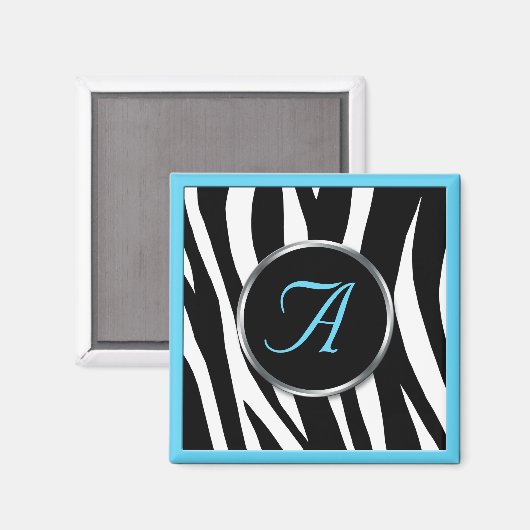 Chique Zebra Print Aqua Blue Monogram Magneet (Voorkant / Achterkant)