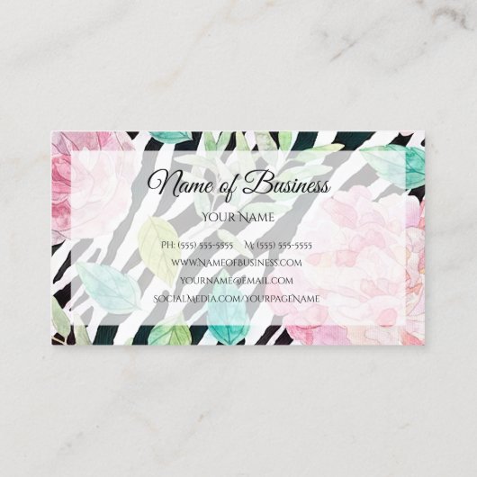 Chique zebraprint met girly roze bloem visitekaartje (Achterkant)