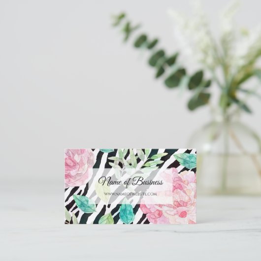 Chique zebraprint met girly roze bloem visitekaartje (Staand voorkant)