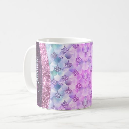 Chique zeemeermin roze zilveren faux glitter monog koffiemok (Voorkant links)