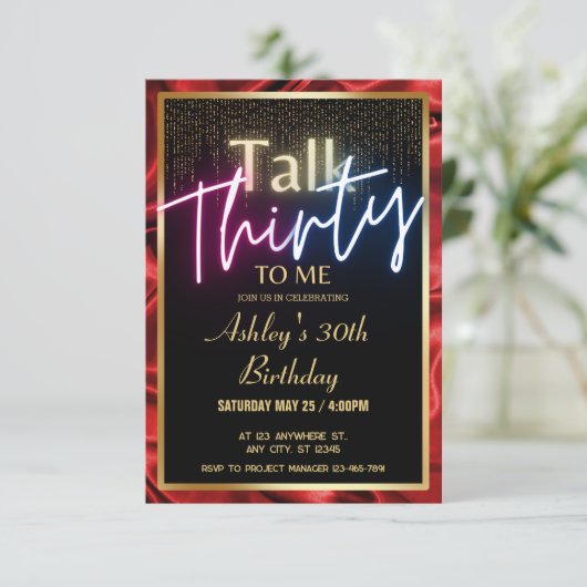 Chique Zijde Ruby Rood Goud Talk 30th To Me Verjaa Kaart (Staand voorkant)