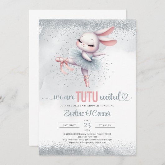 Chique zilver en roze tutu jurk bunny ballerina kaart (Voorkant / Achterkant)