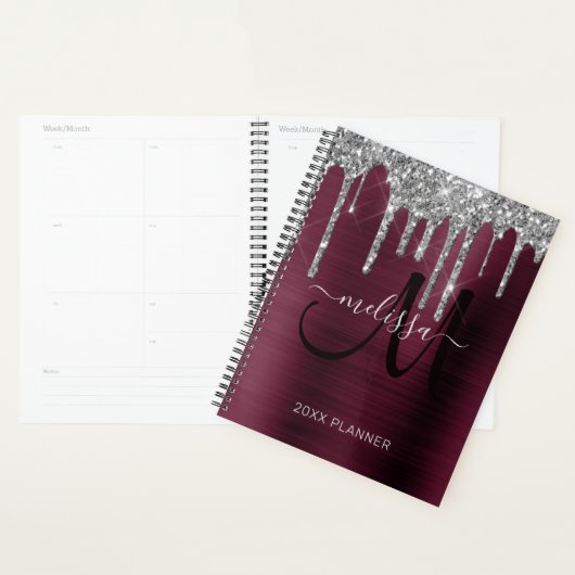 Chique Zilver Glitter Bourgogne Geborsteld Metaal Planner (Display)