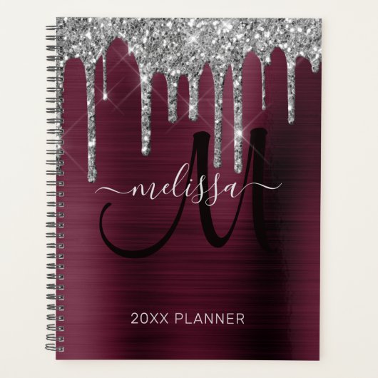 Chique Zilver Glitter Bourgogne Geborsteld Metaal Planner (Voorkant)