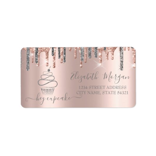 Chique Zilver Glitter Druppels Cupcake Roze Goud Etiket (Voorkant)