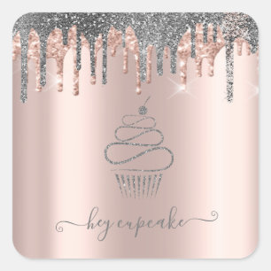 Chique Zilver Glitter Druppels Cupcake Roze Goud Vierkante Sticker