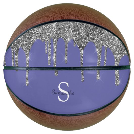 Chique Zilver Glitterdruppels Monogram Naam Basketbal (Voorkant)
