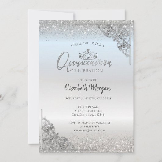 Chique zilver tiara, zilver stof Lijst quinceañera Kaart (Voorkant)