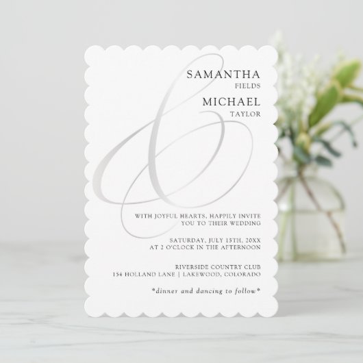 Chique zilveren ampersand minimalistische bruiloft kaart (Staand voorkant)