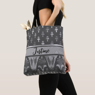 Chique Zilveren Ankh Kruis Egyptische Lotus Persoo Tote Bag