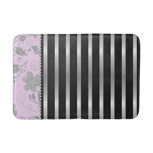 Chique zilveren bloemen op roze en zilveren strepe badmat (Voorkant)