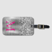 Chique zilveren folie faux glitter hot roze monogr bagagelabel (Voorkant (horizontaal))