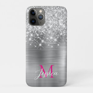 Chique zilveren folie faux glitter hot roze monogr Case-Mate iPhone case