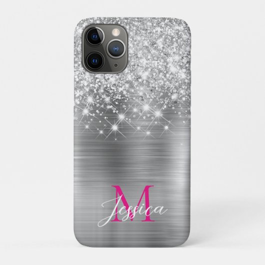 Chique zilveren folie faux glitter hot roze monogr Case-Mate iPhone case (Achterkant)