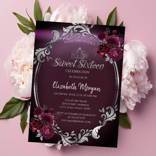 Chique Zilveren Frame Rode Rozen Sweet 16 Kaart