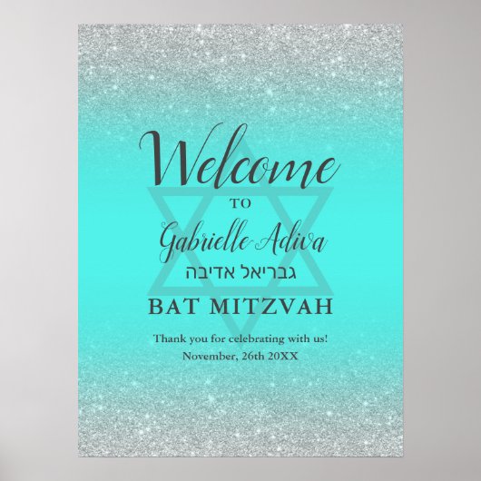 Chique zilveren glitter blauwgroen Bat Mitzvah wel Poster (Voorkant)