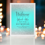 Chique zilveren glitter blauwgroen Bat Mitzvah wel Poster<br><div class="desc">Chique zilveren typografie en zilveren glitter ombre blauwgroen blauw Bat Mitzvah feest welkomstbord. De blauwgroen blauwe achtergrond is volledig aanpasbaar. Voeg je Hebreeuwse naam toe.</div>