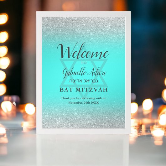 Chique zilveren glitter blauwgroen Bat Mitzvah wel Poster