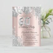 Chique zilveren glitter druppelt ballonnen 60e ver kaart (Staand voorkant)