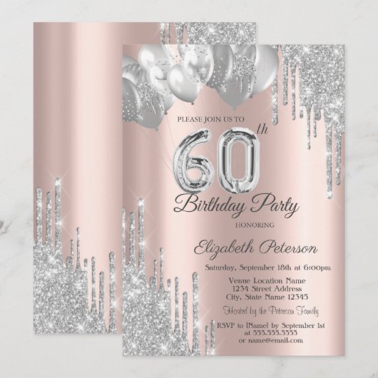 Chique zilveren glitter druppelt ballonnen 60e ver kaart (Voorkant / Achterkant)