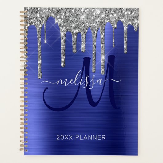 Chique zilveren glitter kobalt blauw geborsteld me planner (Voorkant)