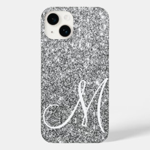 Chique zilveren glitter metallic glans monogram Case-Mate iPhone 14 hoesje