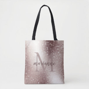 Chique Zilveren Glitter Monogram Aangepaste Naam  Tote Bag