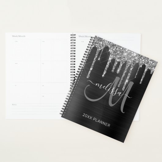 Chique zilveren glitter zwart geborsteld metaal 20 planner (Display)