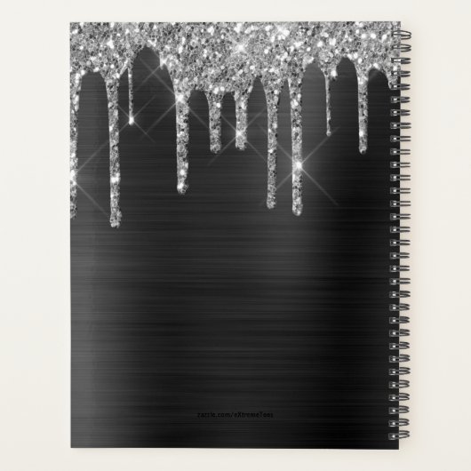 Chique zilveren glitter zwart geborsteld metaal 20 planner (Achterkant)