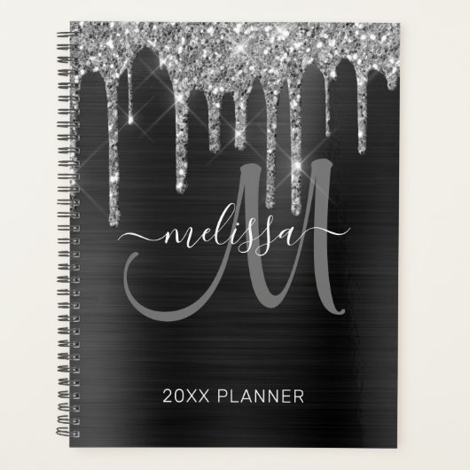 Chique zilveren glitter zwart geborsteld metaal 20 planner (Voorkant)