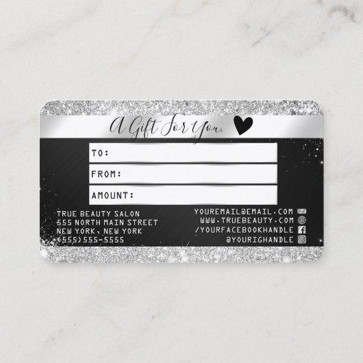 Chique Zilveren Glitter Zwart Metallic Credit Gift Visitekaartje (Achterkant)