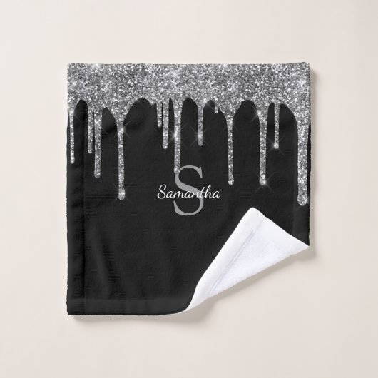 Chique Zilveren Glitterdruppels Glans Monogram Naa Bad Handdoek (Wasdoekje)