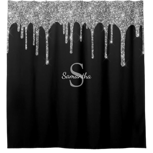 Chique Zilveren Glitterdruppels Glans Monogram Naa Douchegordijn (Voorkant)