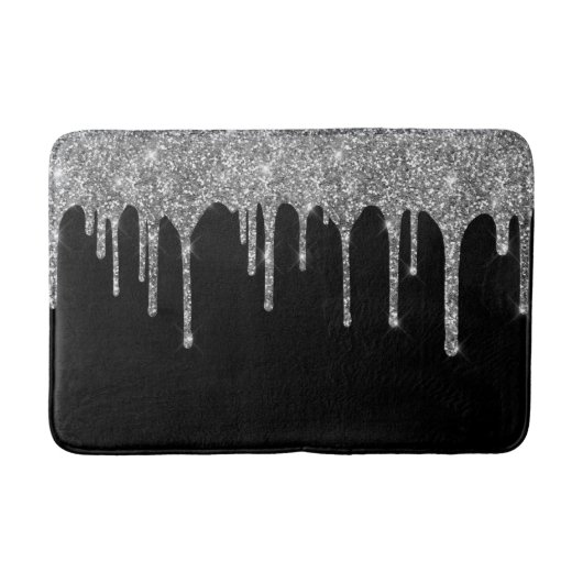 Chique Zilveren Glitterdruppels Glanzen Zwart Badmat (Voorkant)