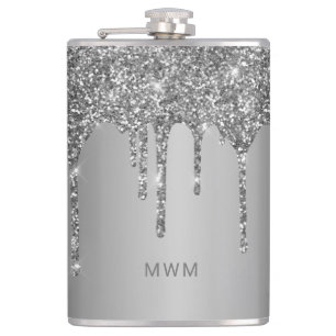Chique Zilveren Glitterdruppels Glanzende Monogram Heupfles