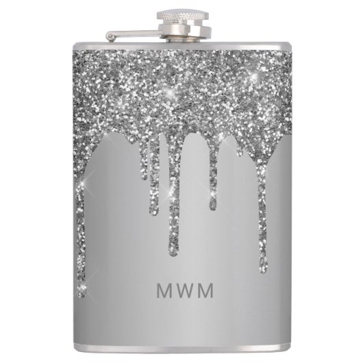 Chique Zilveren Glitterdruppels Glanzende Monogram Heupfles (Voorkant)