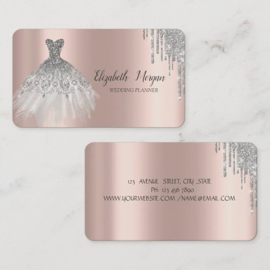 Chique zilveren jurk glitter druppels Roos goud Visitekaartje (Voorkant / Achterkant)
