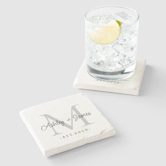 Chique zilveren monogram namen script huwelijksdat stenen onderzetter (Zijkant)