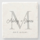 Chique zilveren monogram namen script huwelijksdat stenen onderzetter (Voorkant)