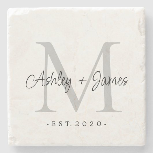 Chique zilveren monogram namen script huwelijksdat stenen onderzetter (Voorkant)
