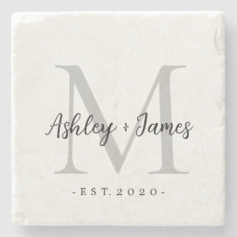 Chique zilveren monogram script namen huwelijksdat stenen onderzetter
