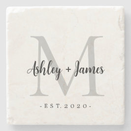 Chique zilveren monogram script namen huwelijksdat stenen onderzetter