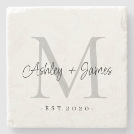 Chique zilveren monogram script namen huwelijksdat stenen onderzetter