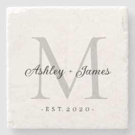 Chique zilveren monogram script namen huwelijksdat stenen onderzetter