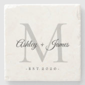 Chique zilveren monogram script namen trouwdatum stenen onderzetter (Voorkant)